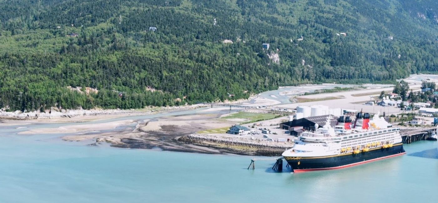 Image: Disney Wonder at port in Skagway, Alaska as seen from a helicopter. (Photo via Lauren Bowman)