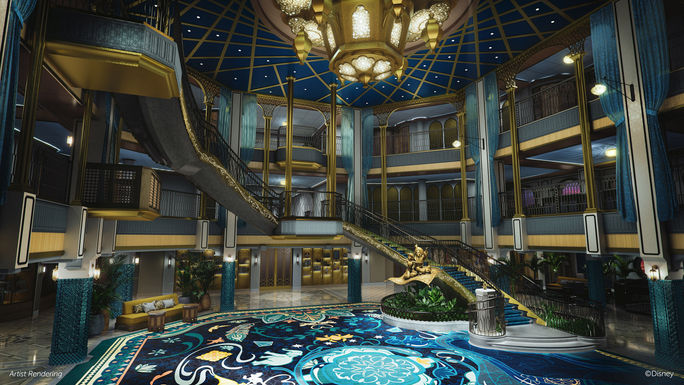 Rendering of the Disney Treasure's Grand Hall, inspired by Agrabah from Aladdin. Disney Cruise Line, Disney Treasure, new cruise ships 2024