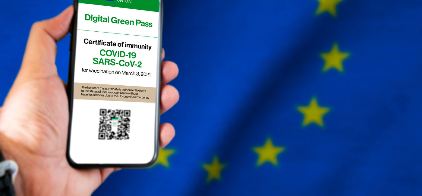 Image: An example of the E.U. Digital COVID Certificate displayed on a mobile phone. (photo via iStock/Getty Images Plus/rarrarorro)