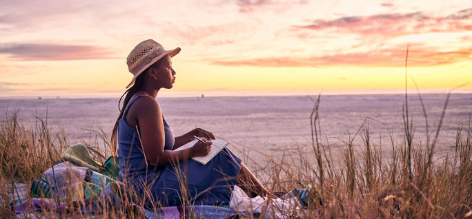 woman, beach, people, travel journal, journal, journaling, woman journaling, woman on beach, travel journaling