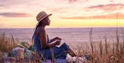 woman, beach, people, travel journal, journal, journaling, woman journaling, woman on beach, travel journaling