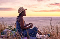 woman, beach, people, travel journal, journal, journaling, woman journaling, woman on beach, travel journaling
