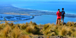 Couple look at the landscape view of Christchurch, New Zealand