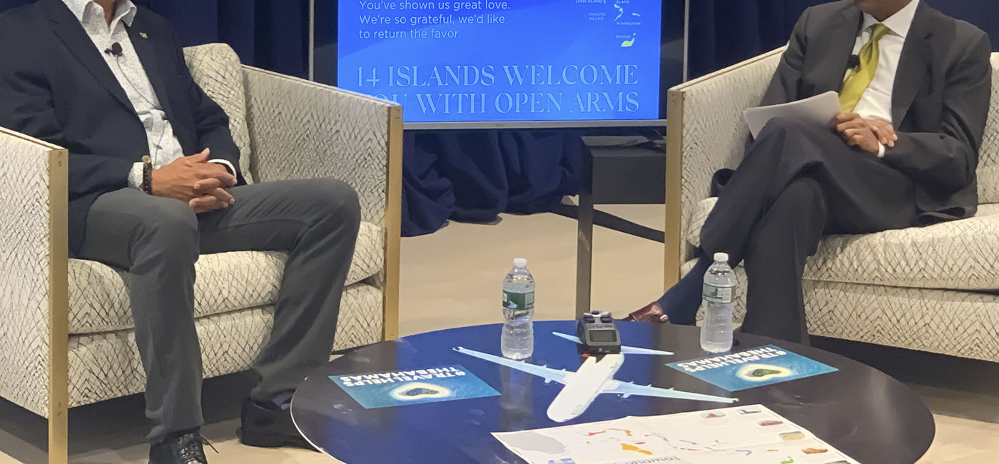 Image: (l to r) Ellison Thompson, deputy director-general of Bahamas Ministry of Tourism; and Ninan Chacko, CEO, Travel Leaders Group at Town Hall on post-hurricane campaign (photo courtesy Travel Leaders Group)