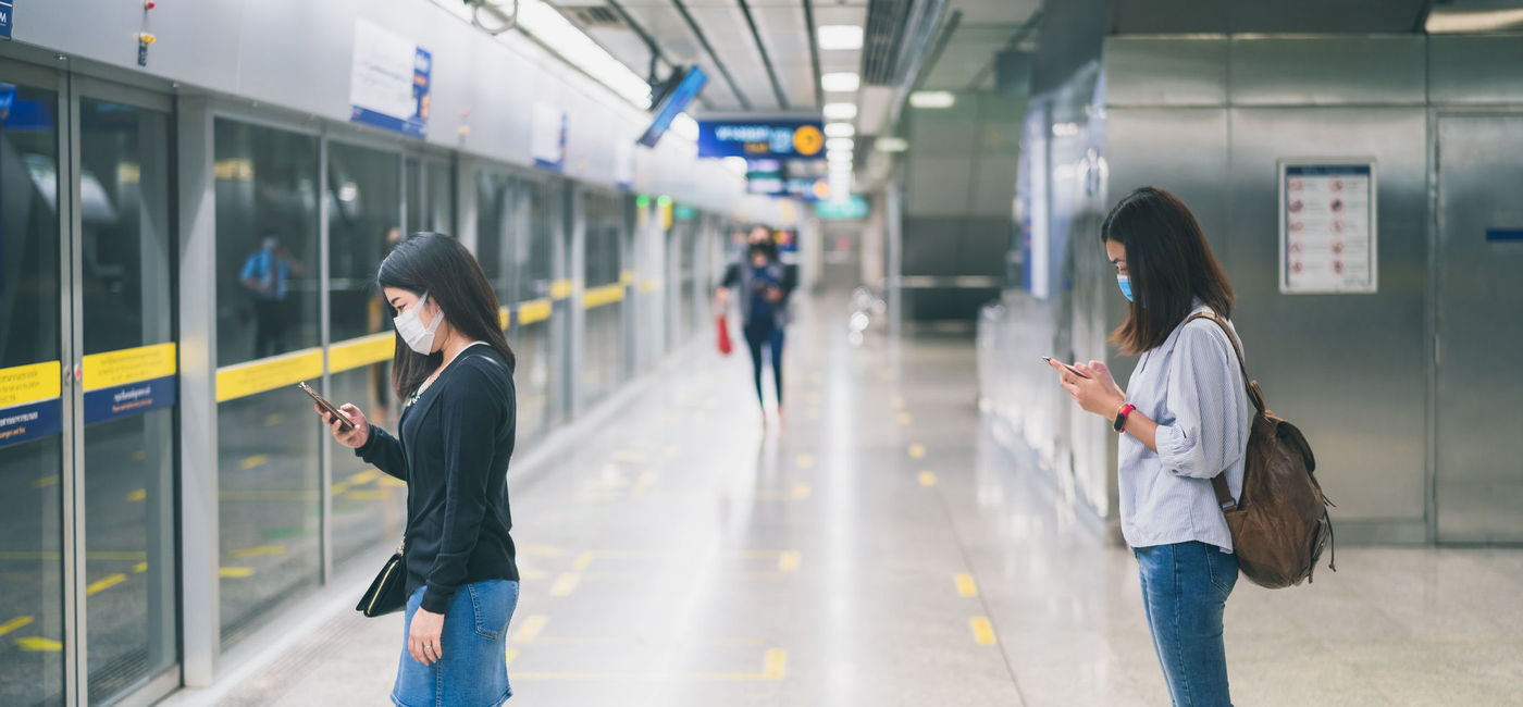 Image: Travelers wearing masks in subway. (photo via Diversity Studio / iStock / Getty Images Plus)