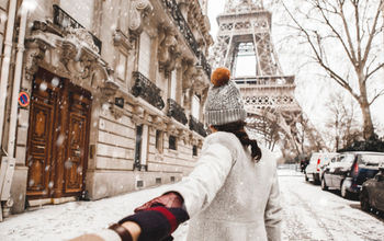 Woman, Eiffel Tower, winter, winter travel, snow, Paris, France, Europe
