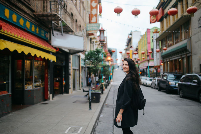 Solo traveler in Chinatown of San Francisco, California.