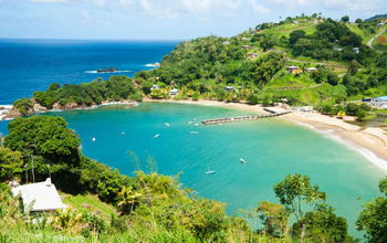 Tropical bay surrounded by the Caribbean Sea on the north coast of Tobago.