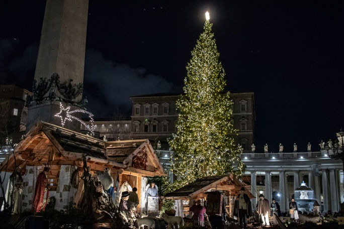 Huge Christmas tree and life-size Nativity Scene standing in St. Peter's Square, Vatican City. Christmas, tree, holidays, Nativity, St. Peter's Square, Vatican, Rome, Italy