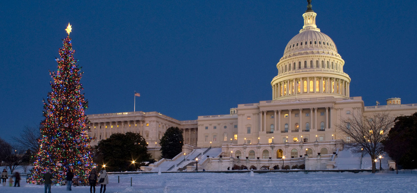 Image: The Capitol Christmas Tree in front of the U.S. Capitol Building, Washington D.C. (photo via iStock/Getty Images Plus/tomwachs)