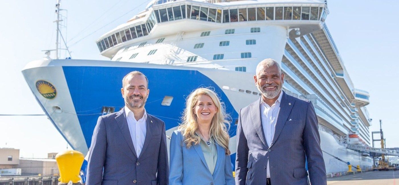 Image: (From left to right) Holland America Line President Princess Cruises President Jan Swartz, and Carnival Corporation & plc President & CEO Arnold Donald in front of Majestic Princess in the Port of Seattle. (photo courtesy of Princess Cruises)