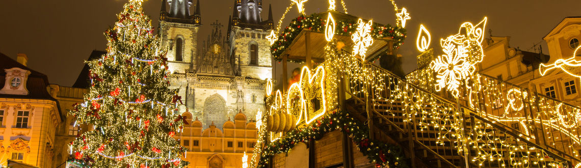 Prague's old town square during Christmas, Czech Republic. Prague, Czech, old town, square, Christmas, holidays, tree, lights