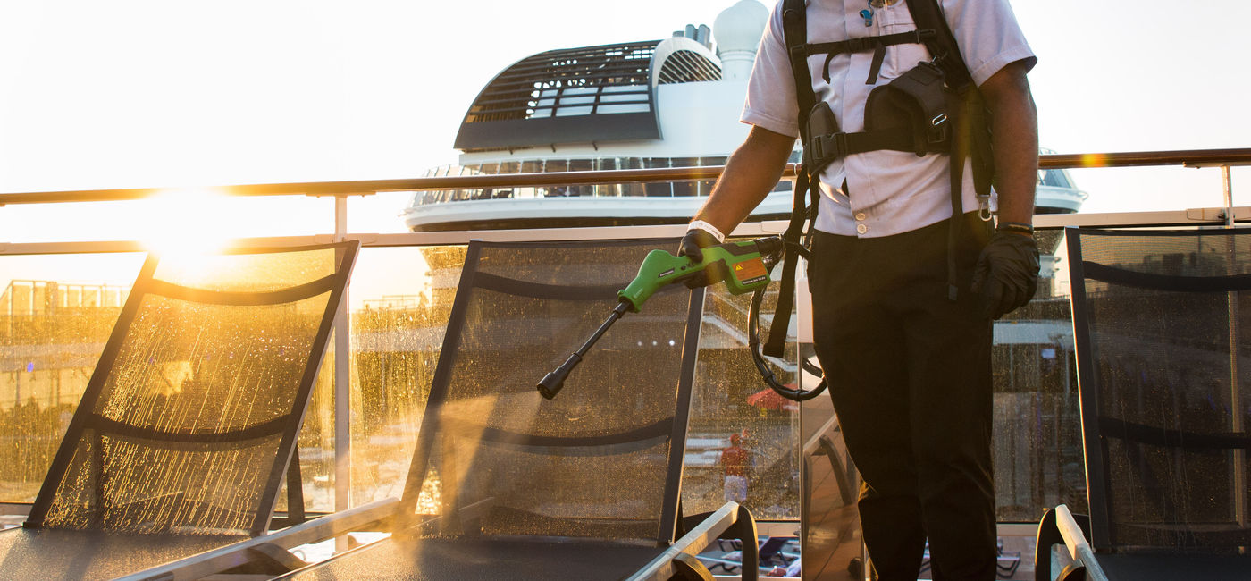 Image: MSC Grandiosa, electrostatic spraying methods are used to clean the ship. (photo via MSC Cruises) ((photo via MSC Cruises))