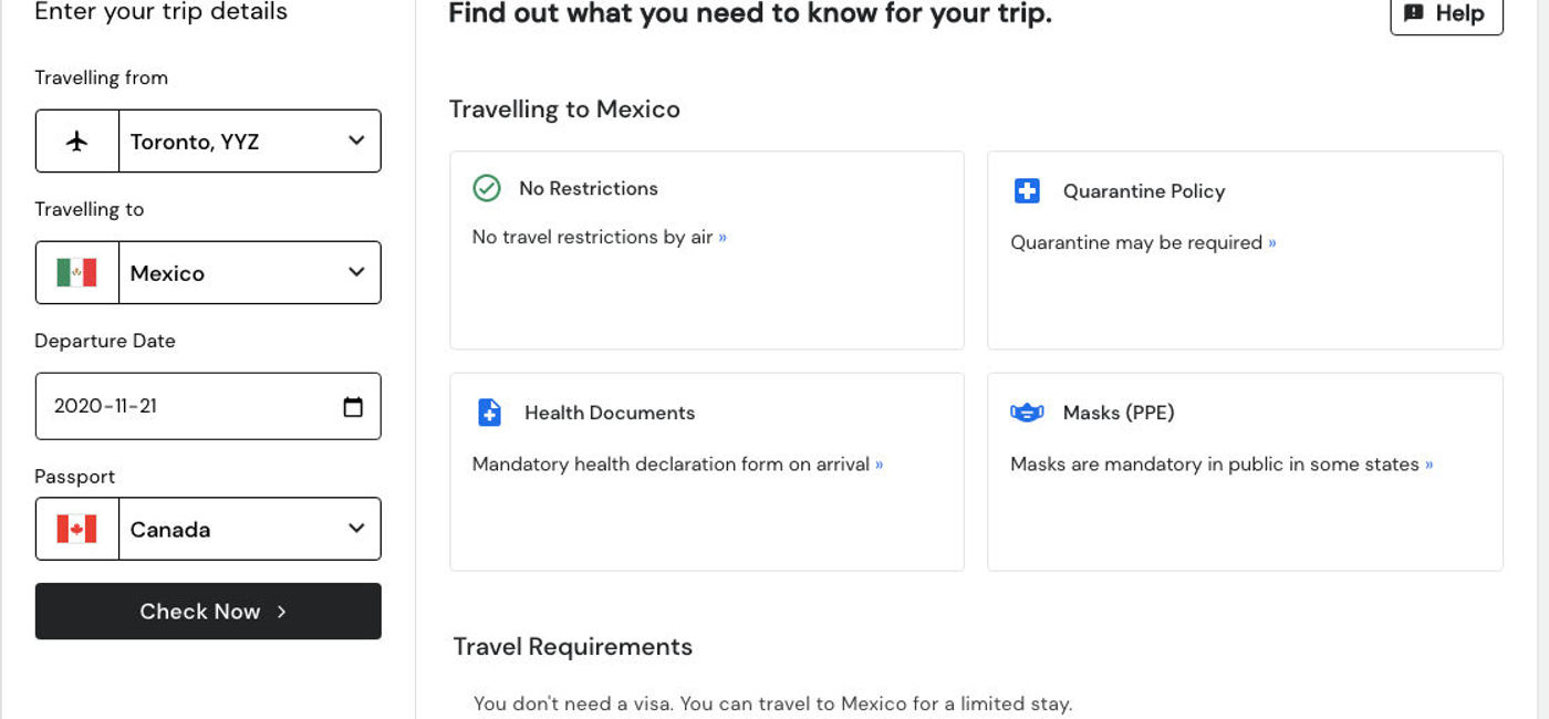 Image: redtag.ca's new tool to find COVID requirements at any destination. (Photo: redtag.ca)