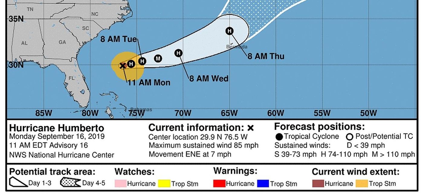 Image: PHOTO: Five-day forecast for Hurricane Humberto. (Photo courtesy of National Hurricane Center) (National Weather Service)