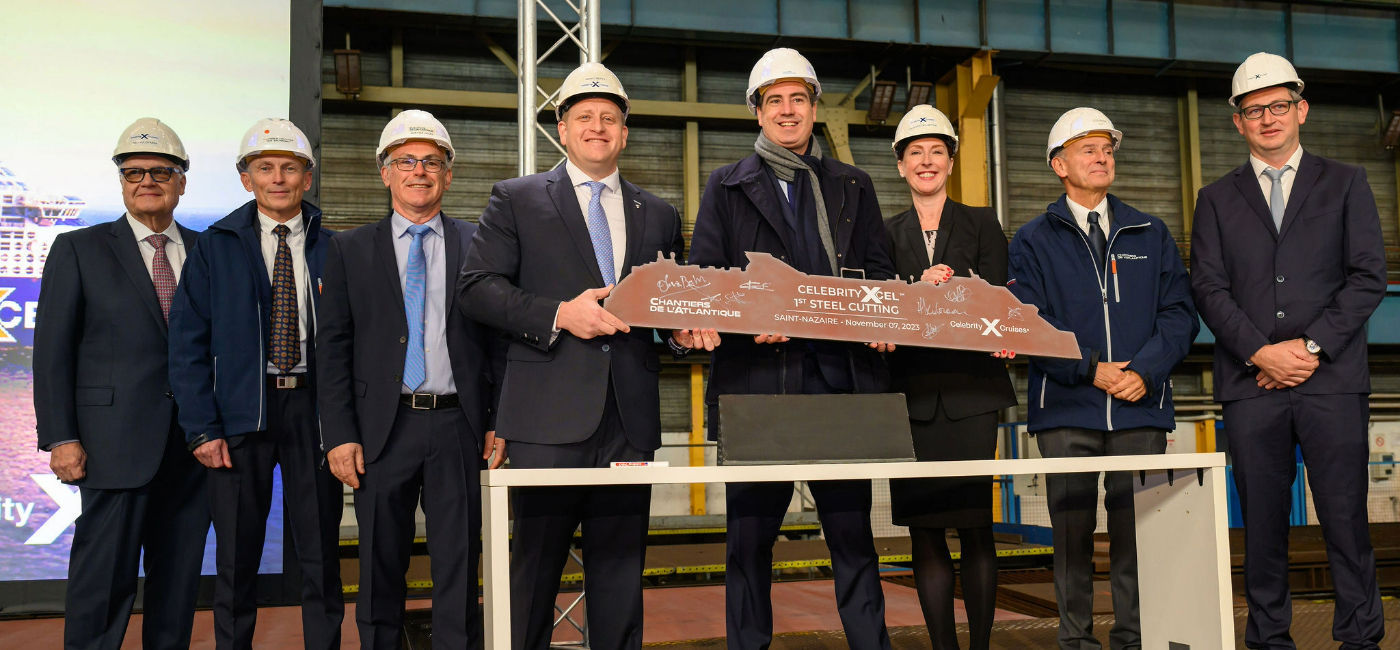 Image: Officials from Celebrity and Royal Caribbean Group celebrate Celebrity Xcel's steel-cutting ceremony. (Photo Credit: Celebrity Cruises)