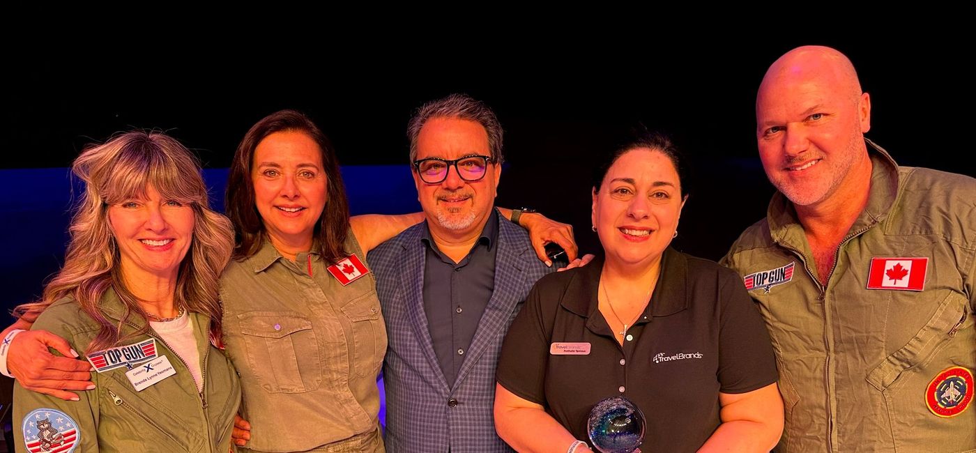 Image: TravelBrands was named Tour Operator of the Year for 2022 by Celebrity Cruises. L to R: Brenda Yeomans, Director National Accounts for Celebrity; Dondra Ritzenthaler, SVP Sales, Celebrity; Frank DeMarinis and Natalie Thanious, TravelBrands and Alan Brooks, Canadian Sales Director, Celebrity. (John Kirk)