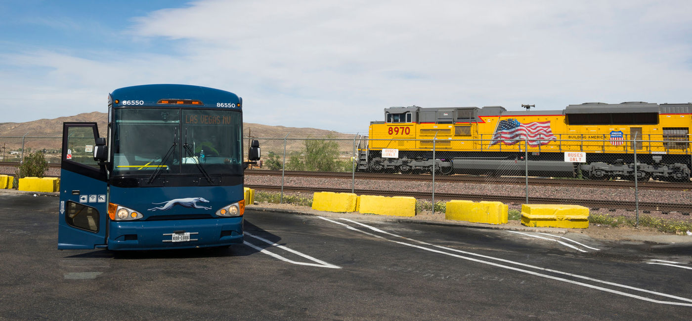 Image: PHOTO: Greyhound bus bound at a rest stop on Route 66 in Barstow, California. (photo via Joel Carillet/iStock Unreleased)