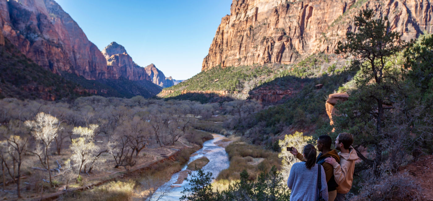 Image: Travelers take a selfie together in Zion National Park in Utah. (photo via G Adventures) ((photo via G Adventures))