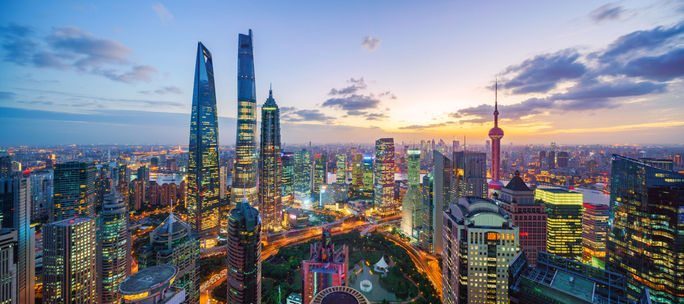 Shanghai skyline at sunset. Shanghai, China, skyline, city, urban, panorama