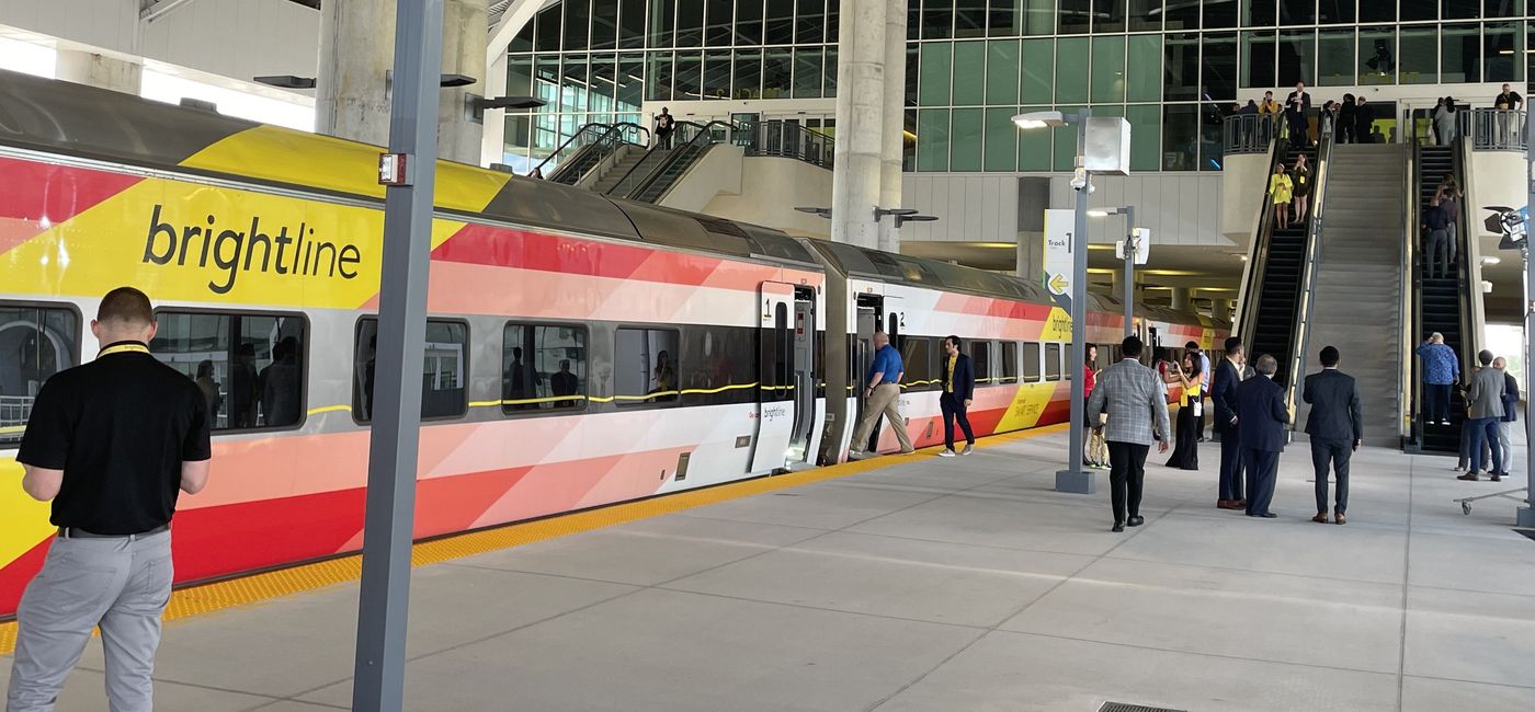 Image: The Brightline train at the new Orlando Airport station. (Photo Credit: Sara Perez Webber)