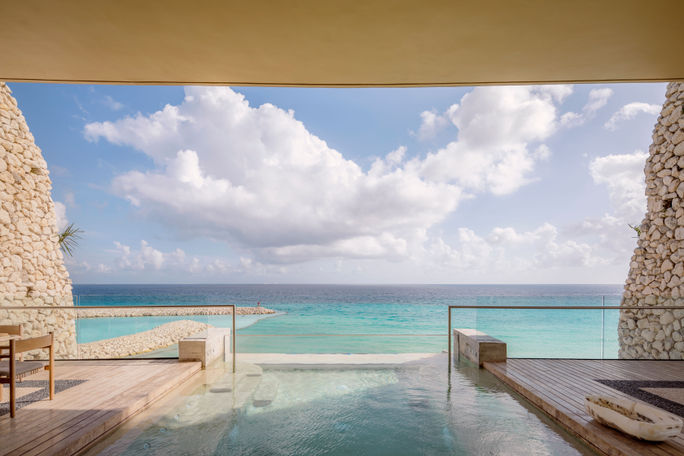 The view from the double terrace and pool of the Presidential Suite. La casa de la Playa, la casa de la playa suites, luxury resorts in Mexico, luxurry resorts in Riviera Maya, wellness resorts in Riviera Maya, wellness resorts in Mexico