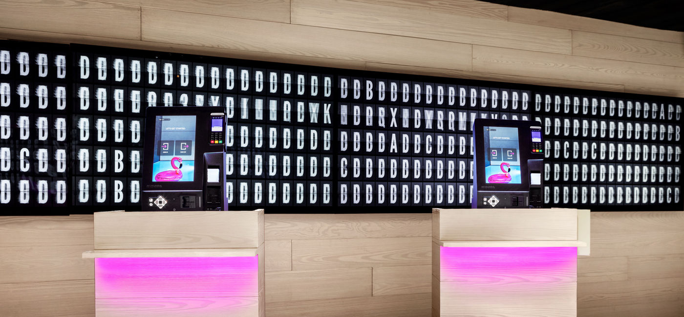 Image: Contactless Arrival Kiosks at Moxy NYC Times Square. (photo via Marriott International Media)