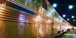 Amtrak train at station stop.