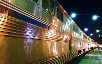 Amtrak train at station stop.