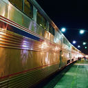 Amtrak train at station stop.