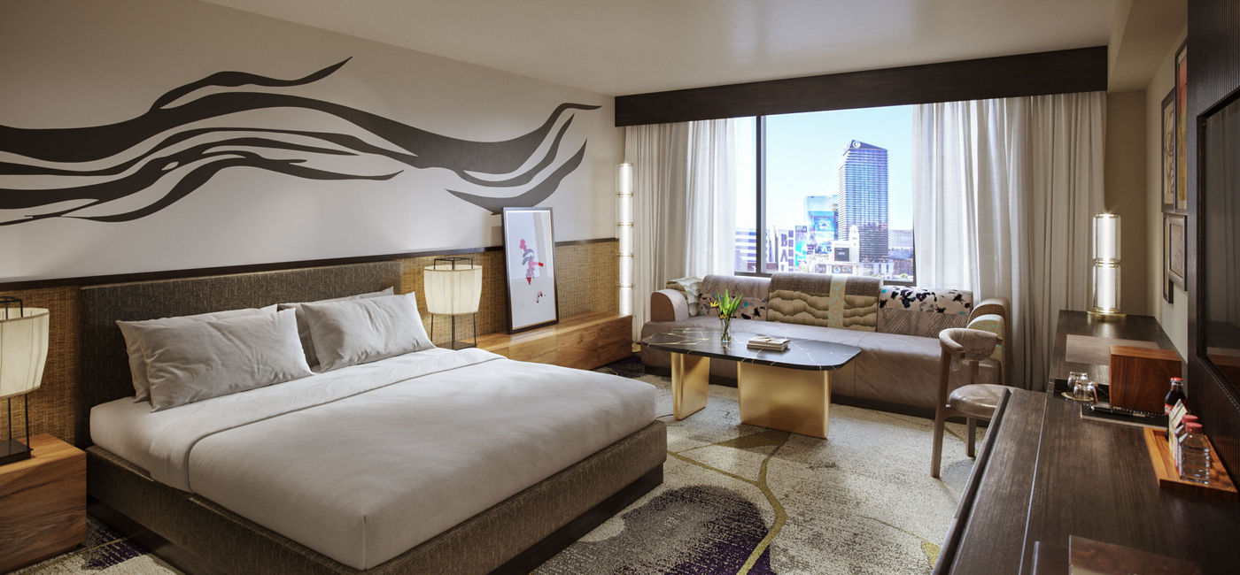 Image: Rendering of the Deluxe King Room at the Nobu Hotel Caesars Palace. (photo via Rockwell Group) ((photo via Rockwell Group))