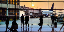 Airport terminal at sunset
