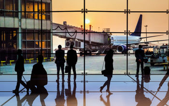 Airport terminal at sunset