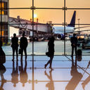 Airport terminal at sunset