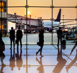Airport terminal at sunset
