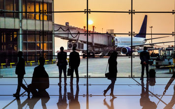 Airport terminal at sunset