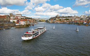Viking river ship on Douro River in Portugal.