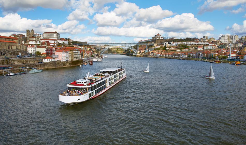 Viking river ship on Douro River in Portugal.