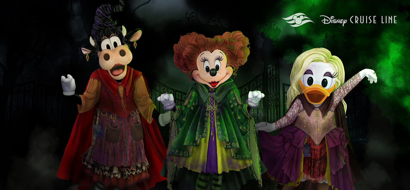 Image: Minnie Mouse, Daisy Duck and Clarabelle Cow dressed like the Sanderson Sisters from Hocus Pocus. (photo via Disney Cruise Line Media)