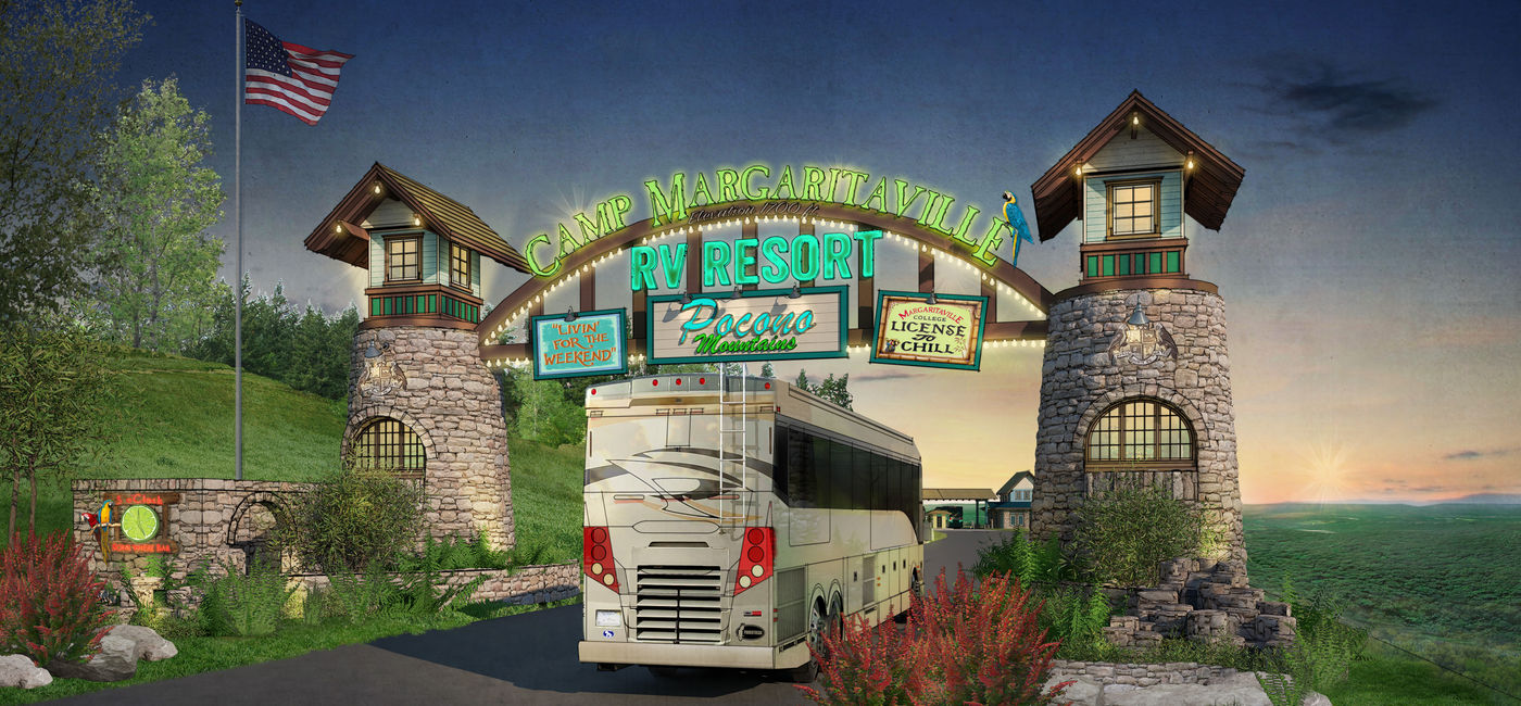 Image: Rendering of the entrance to Margaritaville's Camp Margaritaville RV Resort at its new Resort Village in the Pocono Mountains. (photo via Margaritaville Resorts) ((photo via Margaritaville Resorts))