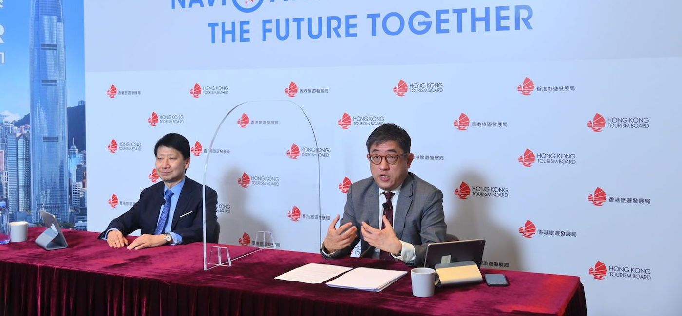 Image: Hong Kong Tourism Board Chairman Y.K. Pang, left, and Executive Director Dane Cheng at the annual Tourism Update conference. (photo via Hong Kong Tourism Board)