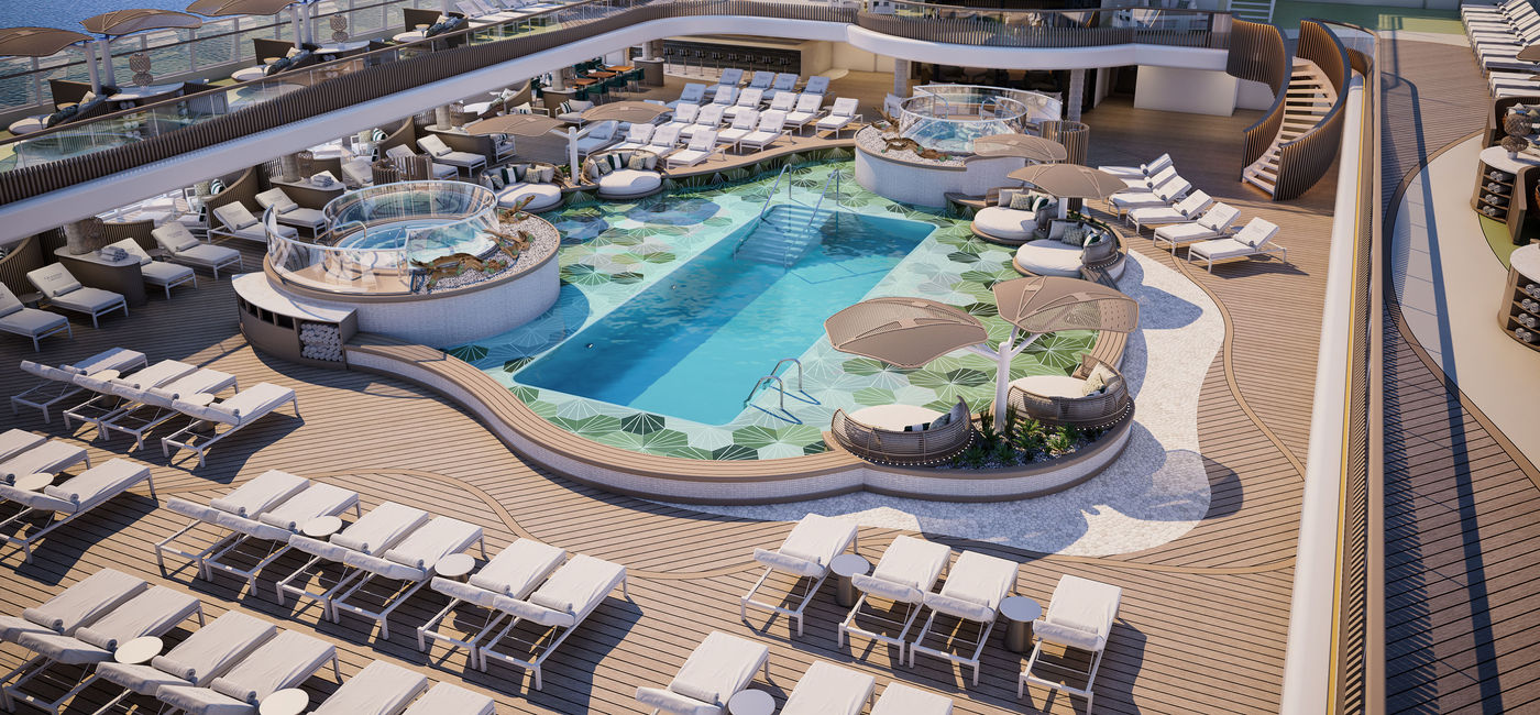 Image: The pool area on Oceania's new Vista ship. (Rendering via Oceania Cruises)