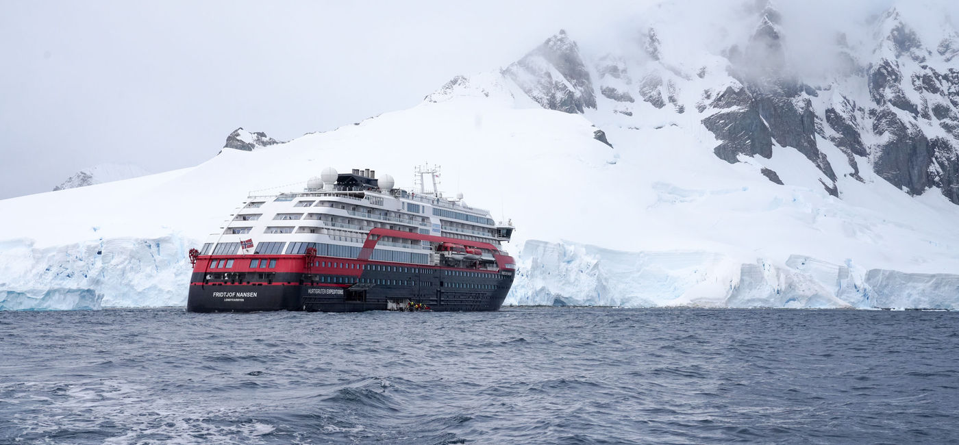 Image: HX's MS Fridtjof Nansen ship in Antarctica (Photo by Lauren Breedlove)