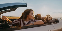 Young woman traveling by car with her dog.