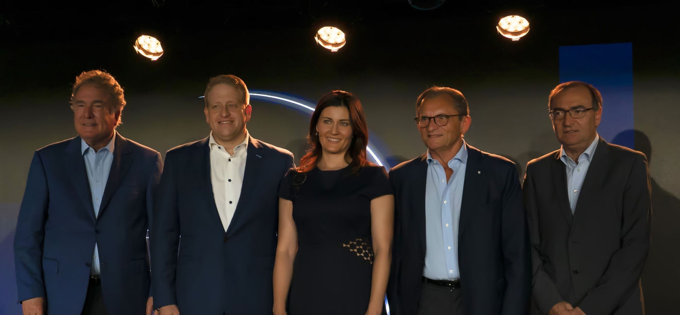Image: Attending the Silver Moon christening ceremony were, from left, Royal Caribbean Group Chairman Richard D. Fain, Royal Caribbean Group CFO Jason Liberty, Godmother Gaia Gaja, Silversea CEO Roberto Martinoli, and Luigi Matarazzo of shipbuilder Fincantieri. (Photo via Silversea Cruises)
