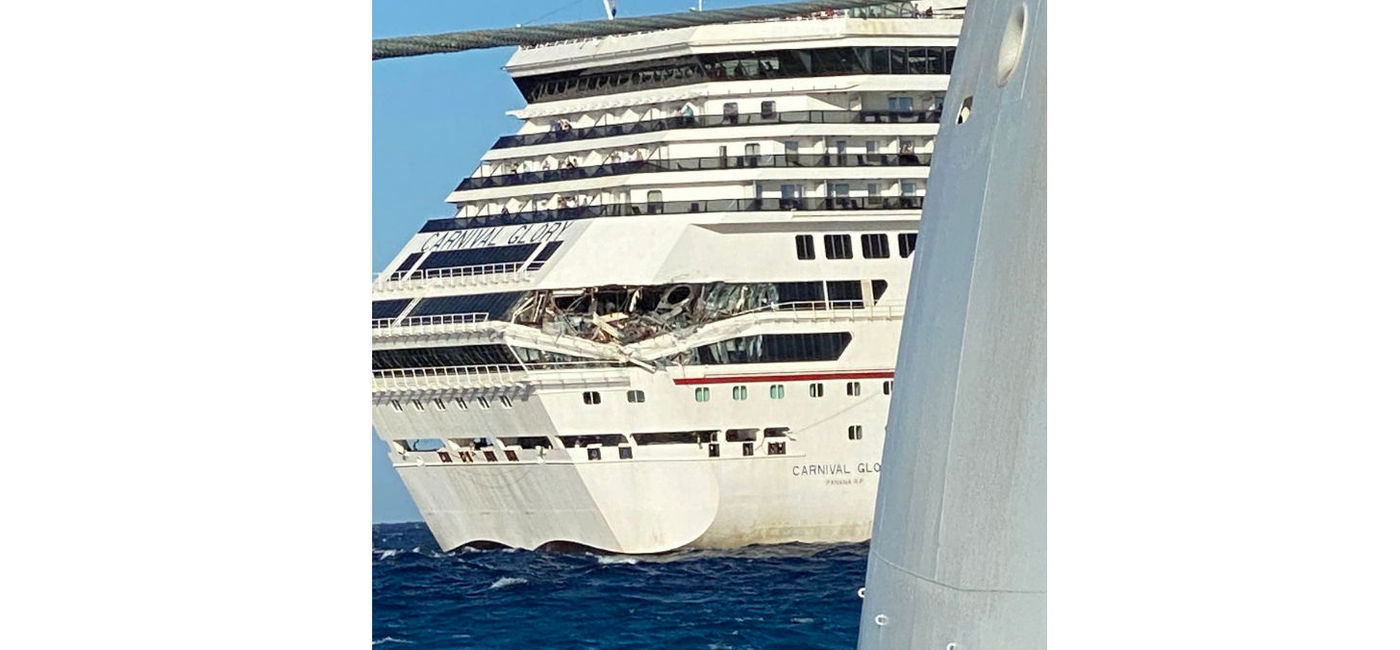 Image: PHOTO: The Carnival Glory following an accident. (photo via @JayTee1993) (@JayTee1993 Twitter)