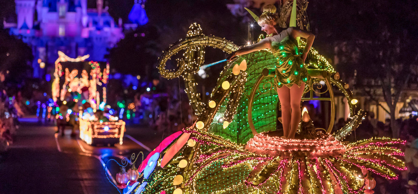 Image: Tinkerbell riding a float in Disneyland's Main Street Electrical Parade. (photo via Disneyland Resort) (Disneyland Resort Media)