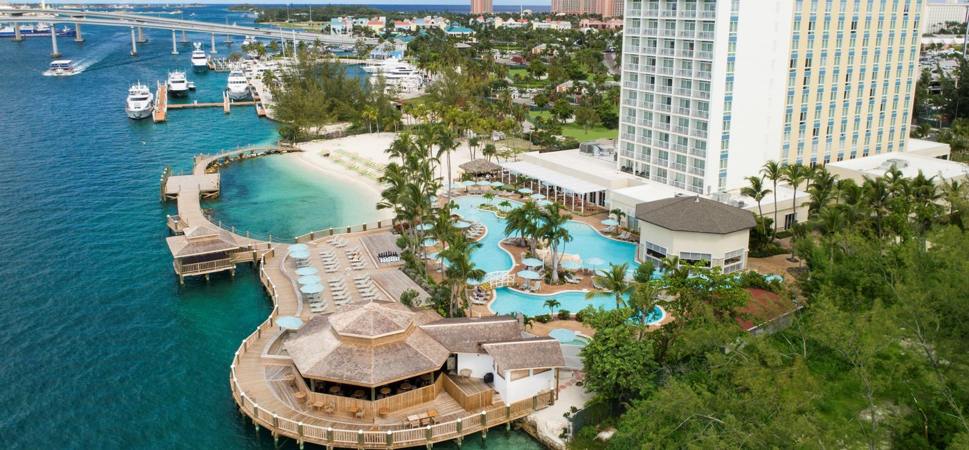 Image: Aerial view of the harbor at Warwick Paradise Island Bahamas. (photo via Warwick Hotels & Resorts)