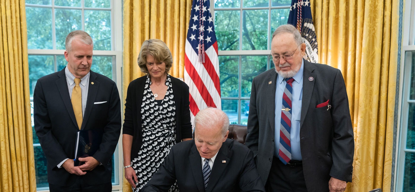 Image: President Biden is flanked by, from left, U.S. Sens. Dan Sullivan and Lisa Murkowski and U.S. Rep. Don Young, all of Alaska. (Official White House photo) (White House)