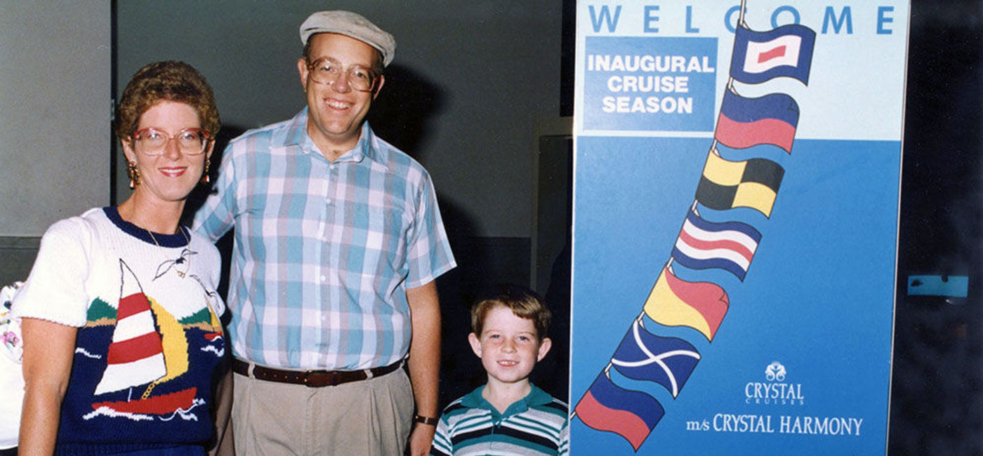 Image: PHOTO: Author Jason Leppert (far right) as a child with his parents boarding the inaugural Crystal Cruises sailing in 1990. (photo provided by Jason Leppert)